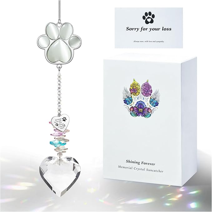 Dog Memorial Gifts, Pet Memorial Suncatcher, Loss of Dog Sympathy Gift | Thoughtful Dogs and Cats Bereavement Remembrance Gifts, Natural Cat's Eye Stone Paw Crystal Suncatcher