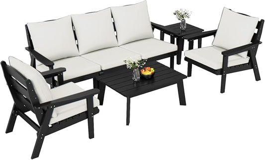 FOOWIN 7-Piece Patio Furniture Set, HDPE All-Weather Outdoor Conversation Set with Thick Cushions, Sectional Patio Sofa Furniture for Deck, Porch, Lawn, Garden, Black Frame & White Cushion