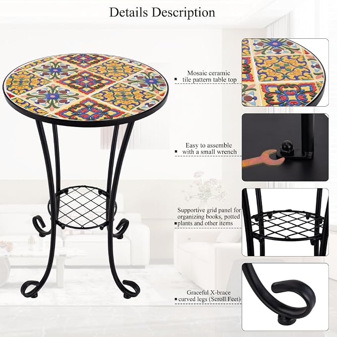 Mosaic Outdoor Side Table Small Round Patio Table Plant Stand | 21" Accent End Table with 14" Ceramic Tile Top for Small Spaces Porch Pool Garden Decor Indoor Living Room Bedroom Balcony