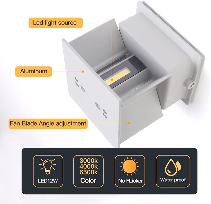 Mille Lucciole 12W 2Pack Outdoor Wall Lights Exterior/Interior,LED White Outdoor Wall Sconces Light Fixtures Modern,IP65 Waterproof Square Aluminum Wall Lamps, Up and Down Lights 4500K Natural Lights