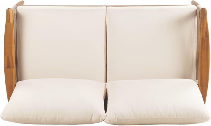 Merax 2-Piece Acacia Wood Patio Loveseat Set with Coffee Table | Teak-Finish Acacia Frame, Beige Woven Rope, 6-Inch Cushions And Arc Coffee Table For Porch, Garden, Backyard Or Balcony
