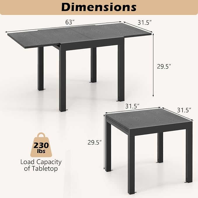 Giantex Expandable Aluminum Dining Table for 4-6 People, 31.5”-63” Extendable Patio Table, Adjustable Rectangular Bistro Table, Outdoor Dining Furniture for Garden, Deck & Poolside