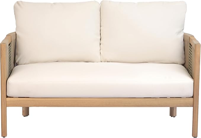 Christopher Knight Home Outdoor Acacia Wood Loveseat with Coffee Table, Acacia Wood Patio Furniture, Outdoor Conversation Sofa Set, Patio Sectional Chat Set for Backyard Balcony, Teak+ Beige