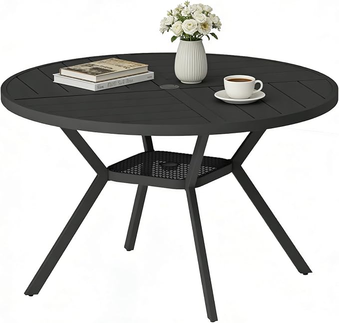 47" Outdoor Patio Table Dining Table All Weather Metal Round Patio Dining Table with Adjustable Umbrella Hole Patio Furniture for Lawn Garden Backyard, Black