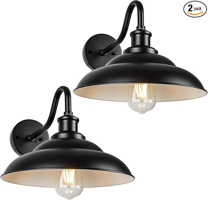 Outdoor Barn Light, 12'' Farmhouse Exterior Wall Mount Light, Outdoor Indoor Wall Sconce, Vintage Outside Lighting, Industrial Black Lantern for Garage Patio, 2 Pack