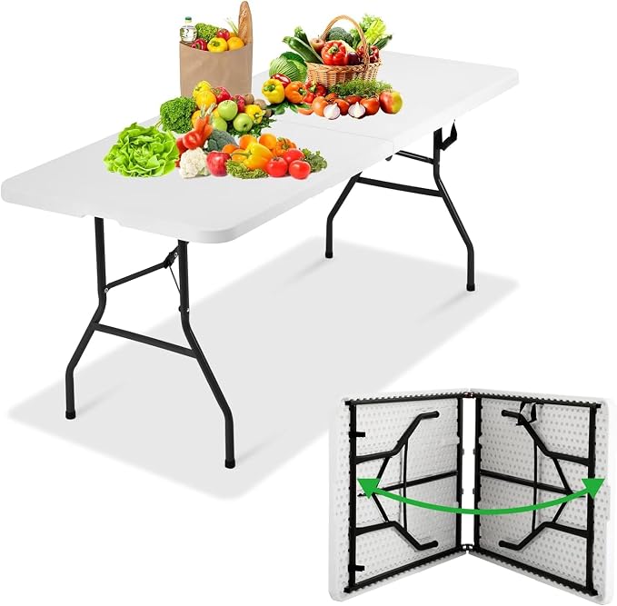 6FT White Folding Table, Portable Collapsible Dinner Table – Indoor/Outdoor Use for Camping, Patio, Yard, Wedding, Party & Cocktail Display, 500LBS (White(6FT))