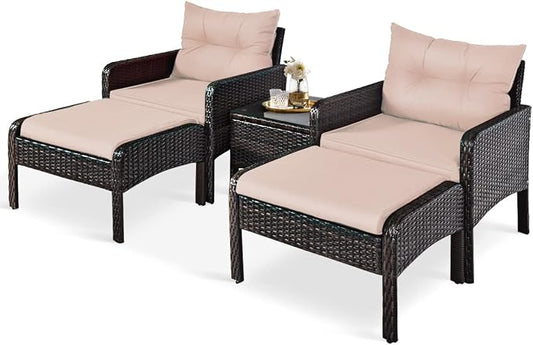 HAPPYGRILL 5-Piece Patio Furniture Set Outdoor Rattan Wicker Conversation Set with Coffee Table Cushioned Sofas and Ottoman Chat Set for Garden Backyard