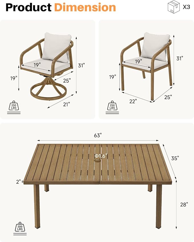 7 Pieces Outdoor Dining Set, Never-Rust Aluminum Patio Dining Set for 6, Patio Dining Table Set with 2 Swivel Chairs, 4 Dining Chairs, Outdoor Furniture Set for Commercial, Deck, Garden, Teak