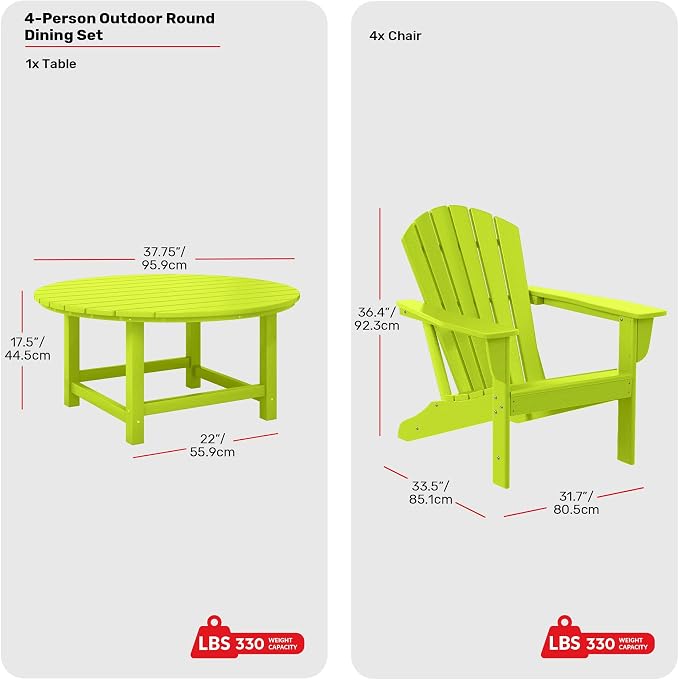 Costaelm Patio Conversation Set, Outdoor Chairs Set of 5 Balcony Firepit Furniture Outdoor Adirondack Round Table and Chair Backyard Furniture Set for Lawn Porch Pool Garden, Lime