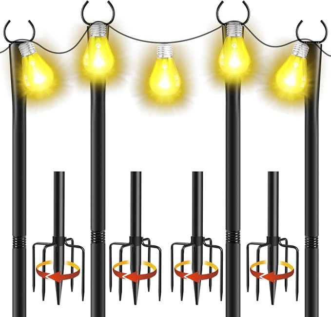 4 Pack 10Ft String Light Poles, Metal Poles with Fork for Outside Lights,Outdoor Metal Light Stand with Fence Brackets Hanging Lights for Garden Patio Wedding Backyard