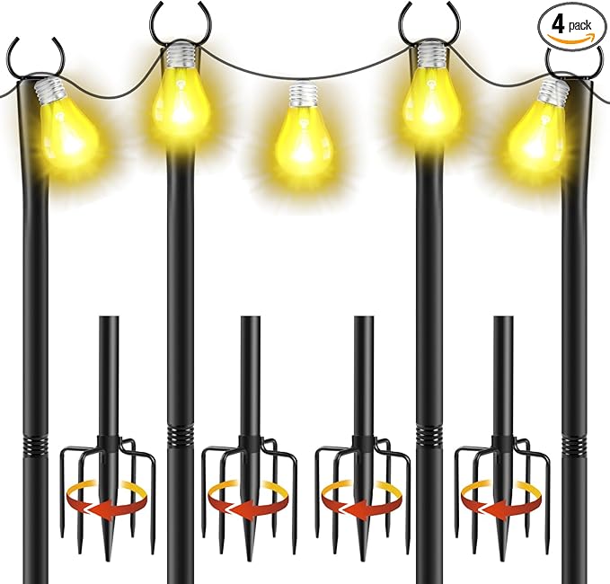4 Pack 10Ft String Light Poles, Metal Poles with Fork for Outside Lights,Outdoor Metal Light Stand with Fence Brackets Hanging Lights for Garden Patio Wedding Backyard