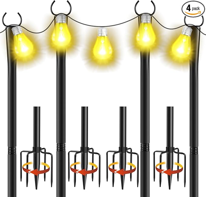 4 Pack 10Ft String Light Poles, Metal Poles with Fork for Outside Lights, Outdoor Metal Light Stand with Fence Brackets Hanging Lights for Garden Patio Wedding Backyard