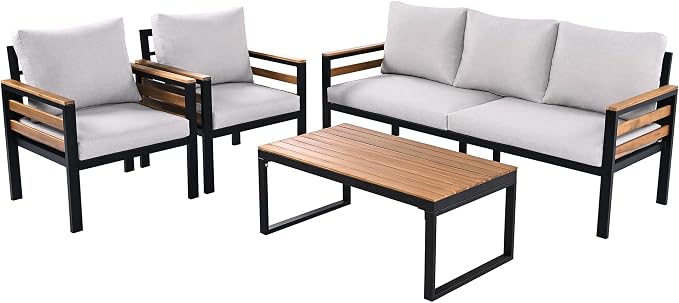 4-Piece Patio Set, Outdoor Furniture Sofa Set for 5 People with Acacia Wood Armrests, Conversation Set with Solid Wood Coffee Table, 2 Single Chairs, 3-Seater Sofa for Garden and Backyard (Beige/453)