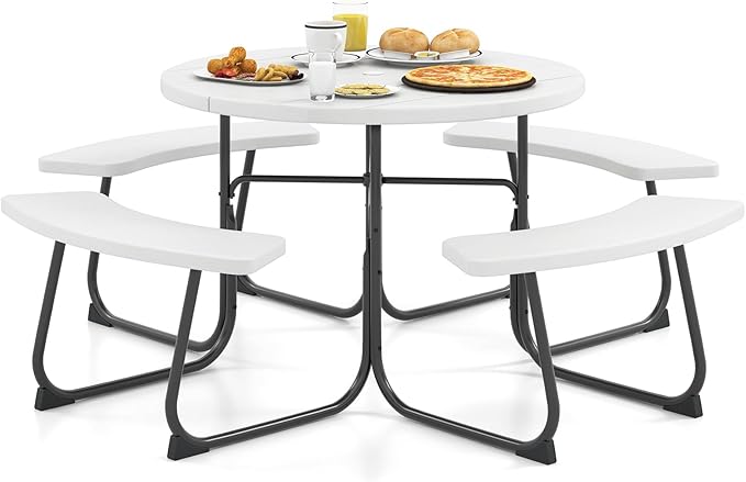 HAPPYGRILL 8-Person Picnic Table Bench Set with Umbrella Hole, 43” Outdoor Dining Table w/4 Benches, Wood-Like Texture Tabletop, Stable U-Shaped Base, Round Table for Backyards, White