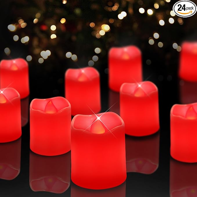 SHYMERY Flameless Votive Candles,Battery Operated LED Candle,24 Pack 200+Hour Flickering Electric Fake Candles in Red for Wedding,Table,Halloween,Festival Celebration,Christmas Decoration