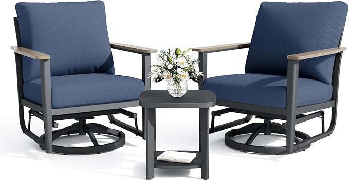 Aluminum Swivel Rocking Chairs, 3-Piece Outdoor Patio Furniture Set with Side Table, Rust-Proof Metal Gliders with Wood-Like Armrests & 5.1" Thick Cushions for Backyard, Porch, Navy Blue