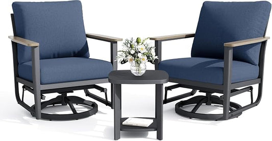 Aluminum Swivel Rocking Chairs, 3-Piece Outdoor Patio Furniture Set with Side Table, Rust-Proof Metal Gliders with Wood-Like Armrests & 5.1" Thick Cushions for Backyard, Porch, Navy Blue