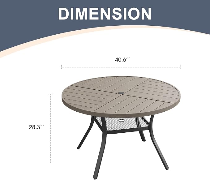 VICLLAX 40.6" Round Patio Dining Table for 4, All Weather Metal Outdoor Table with 1.57" Umbrella Hole and Storage Shelf for Garden Lawn Deck, Grey