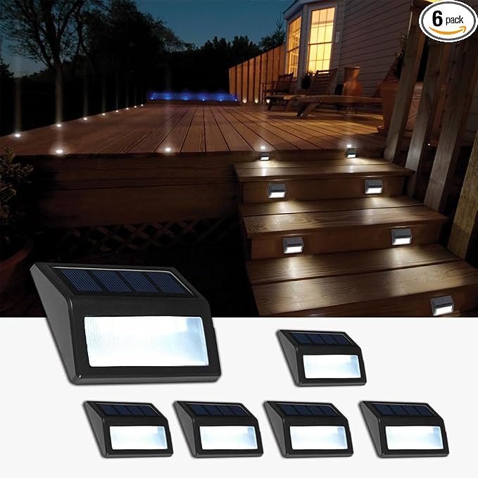 Solar Lights Outdoor, Waterproof Solar Powered Deck Step Lights for Patio Garden Backyard Garage Driveway Pathway Outside Wall Lighting (Cool White, 6 Pack)