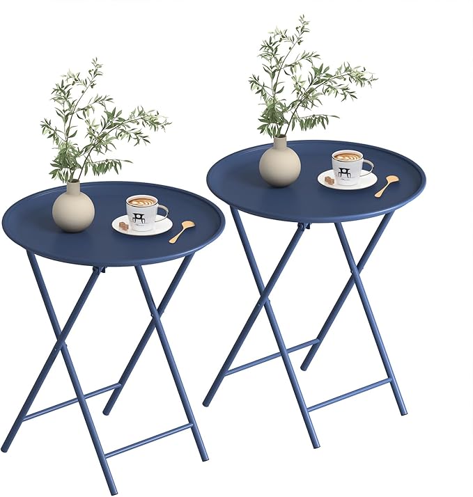 Garden 4 you Folding TV Tray Table, Metal Round Side Table, Blue Dinner Table with Metal Frame, Modern Outdoor Tray Table for Living Room, Bedroom, Patio & Small Spaces, 2 Packs
