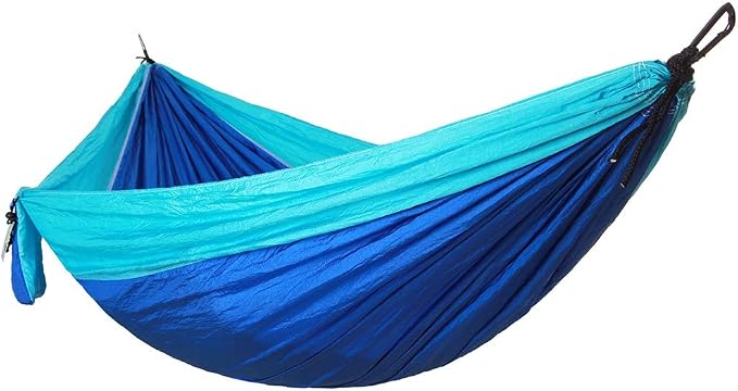 Portable Camping Travel Single Hammock, Lightweight Hanging Bed with Tree Straps and Metal Buckles, 300kg Capacity Nylon Hammock for Outdoor Hiking Backpacking (Matching Tree with Sky Blue and Blue)