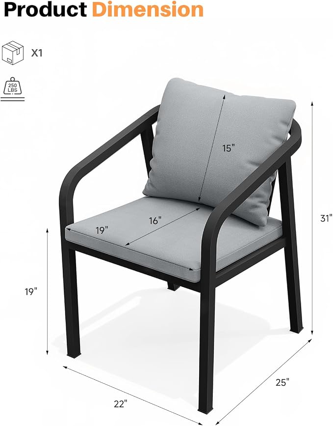 Never-Rust Aluminum Outdoor Dining Chairs Set Of 2, Patio Dining Chairs with Thick Cushion, Outdoor Patio Chairs with Wraparound Backrest and Curved Armrest for Balcony, Lawn, Courtyard, Black
