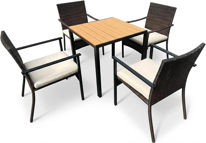 5 Piece Patio Dining Set, Wicker Outdoor Table and Chairs with Umbrella Hole ＆ Soft Cushion, Patio Furniture Set for Backyard, Garden, Poolside, Deck - Balck＆White
