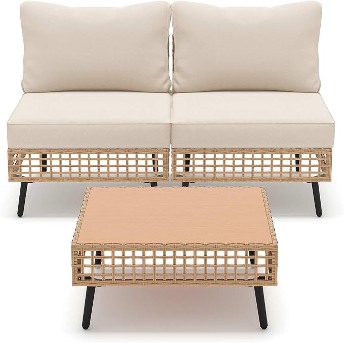 LAUSAINT HOME Outdoor 3 Pieces PE Wicker Patio Conversation Set, All-Weather Rattan Sectional Sofa with Thick Cushions & Coffee Table for Garden, Yard and Balcony (Beige)
