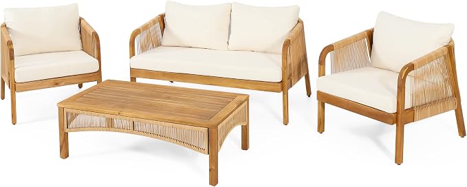 Merax 4-Piece Outdoor Acacia Wood Wicker Patio Conversation Set with Loveseat,2 Chairs and Coffetable,Faux Rattan Accents