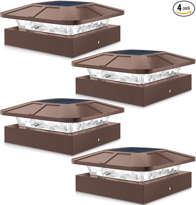 4x4 Solar Post Cap Lights Outdoor with 3 Lighting Modes, 4 Packs Brown Fence Caps Light Fits 4×4/3.5×3.5 Wood/Vinyl Posts, Waterproof Post Top Lighting for Deck Mailbox Porch Railing