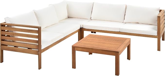 4 Piece Outdoor Patio Sectional Sofa w/Comfort Seat Cushions, All Weather Acacia Wood Patio Sectional Conversation Seat with Plus Coffee Table and Strong Metal Accessories, Water-resistant (Beige+AC)