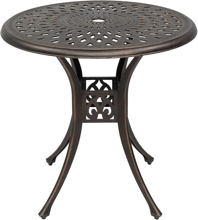 30 inch Round Patio Table, Cast Aluminum Outdoor Table, Outdoor Dining Table with Umbrella Hole, Small Bistro Table for Garden, Yard, Bronze