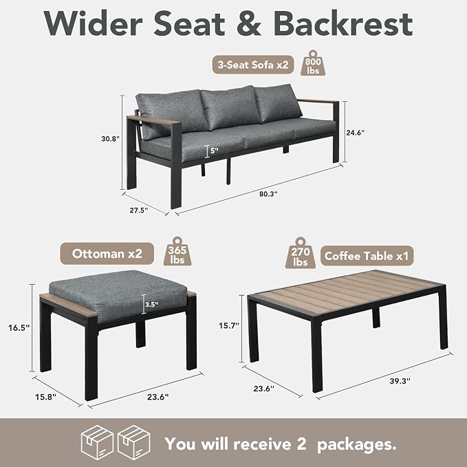 Outdoor Patio Furniture Set 5 Pieces Luxury Aluminum Patio Conversation Set with Coffee Table 8 Seats, Thick Cushions, Large Sectional Sofa for Porch, Balcony, Deck, Yard, Gray