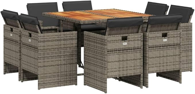 9-Piece Patio Dining Set with Cushions Gray Poly Rattan Outdoor Furniture Set for Garden Backyard Balcony Compact Foldable Chairs Acacia Table