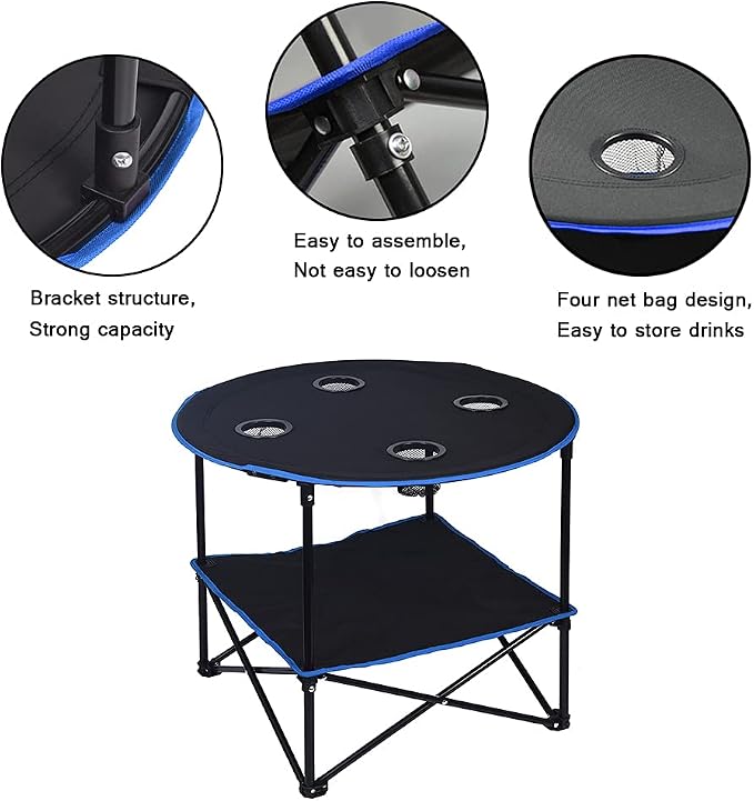 LEADALLWAY Folding Picnic Table Outdoor Camping Table Canvas Travel Table | Portable, Collapsible 4 Cup Holders and Carrying Bags, for Outdoor Picnic,Barbecue,Travel,Fishing (Black+Blue)