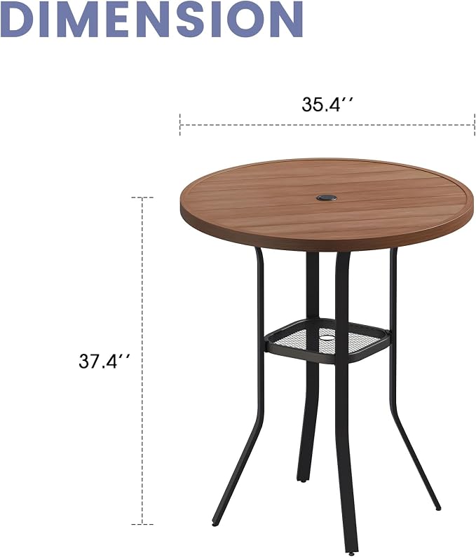 VICLLAX Outdoor Bar Table, 35.4" Wide Round Patio Bar-Height Table Weather Resistant Metal Slatted Tabletop with Umbrella Hole for Front Porch Deck, Backyard, Walnut