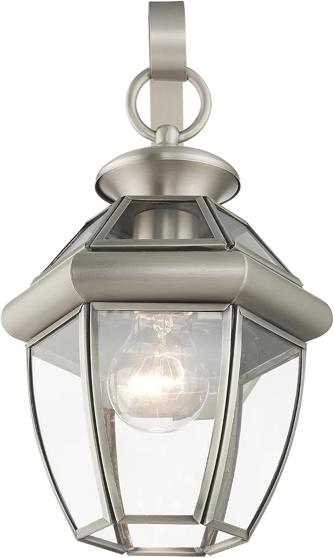 Livex Lighting 2051-91 Monterey 1 Light Outdoor Brushed Nickel Finish Solid Brass Wall Lantern with Clear Beveled Glass | Clear Beveled Glass; Solid brass construction