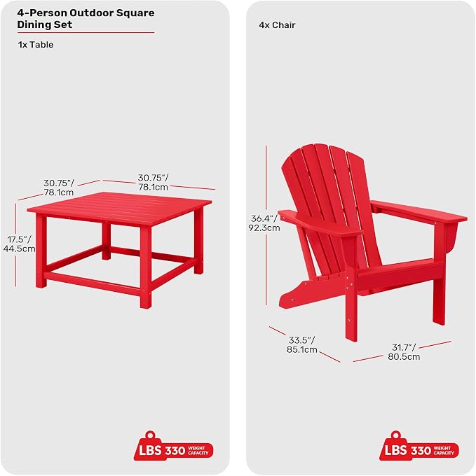 Costaelm Patio Conversation Set, Patio Chairs Set of 5 Balcony Firepit Furniture Outdoor Adirondack Square Table and Chair Backyard Furniture Set for Lawn Porch Pool Garden, Red