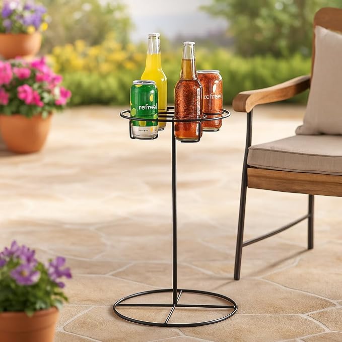 LDI Patio Furniture Metal 4 Beverage Drink Holder Table in Black - Great for Camping