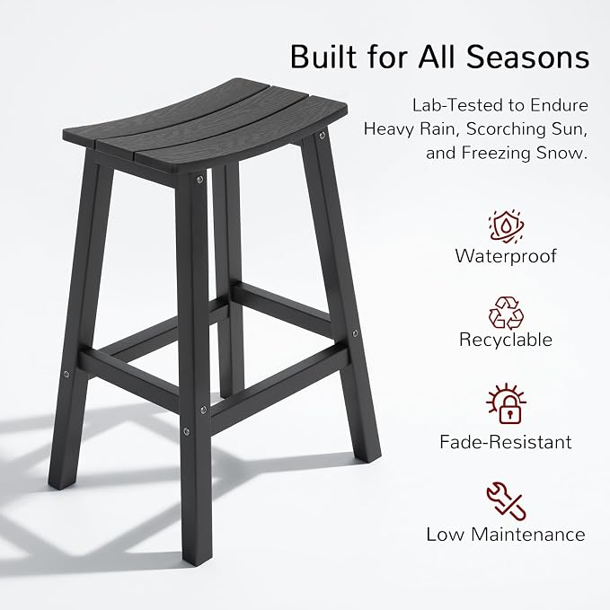 Stoog All-Weather Bar Stools Set of 2, 28" Outdoor Barstools with 400 lbs Capacity, Low Maintenance HIPS Patio Furniture for Kitchen Counter, Deck & Garden, Black