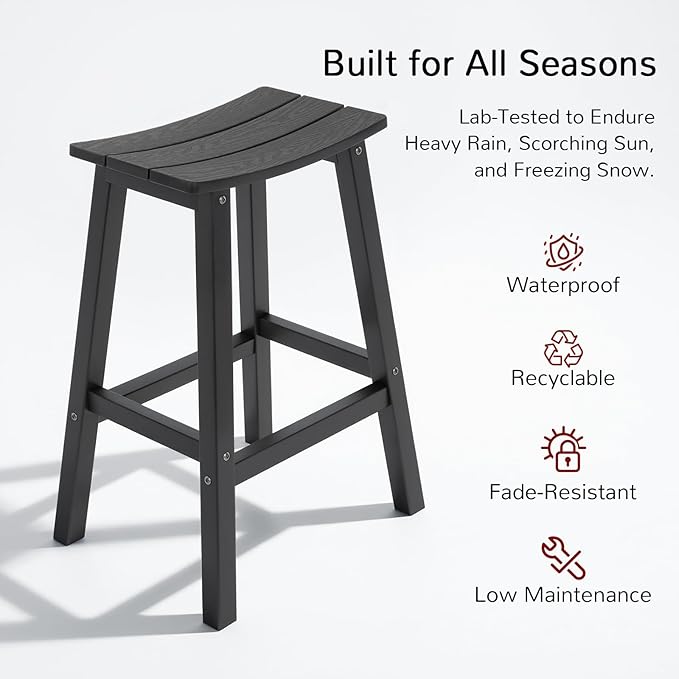 Stoog All-Weather Bar Stools Set of 4, 28" Outdoor Patio Barstools, Low Maintenance HIPS Furniture, Never Rots or Fades, for Kitchen Counter, Deck & Garden, Black