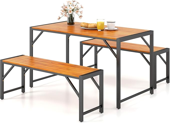 Tangkula 3 Pieces Patio Dining Set for 6 People, Outdoor Picnic Table & 2 Benches, 53” Acacia Wood Dining Table w/Metal Frame, Space-Saving Dinette Set for Garden Porch Poolside Yard Balcony