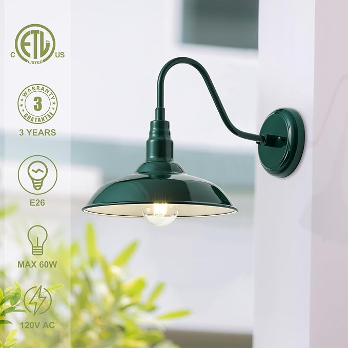 10‘’ Dome Outdoor Gooseneck Barn Light Fixture with Wall Mount, Green Exterior Porch Barn Door Lighting, Farmhouse Style Outside Shed Gooseneck Wall Sconce for Patio, Yard, Garage, House