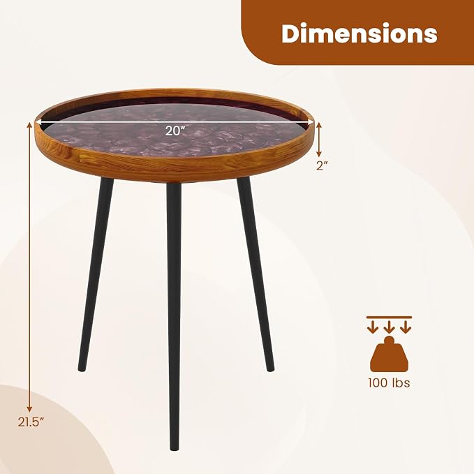 Giantex Outdoor Side Table, Round End Table with Epoxy Resin Finish, Sea Shell Decoration, Mahogany Wood Frame, Tray Top, Patio Side Table for Living Room, Pool, Yard, Porch (Brown, 20” x 20” x 21.5”)