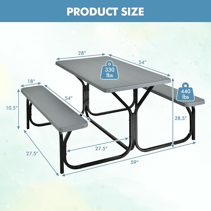 ORALNER Picnic Table, Resin Dining Table & 2 Benches Set, Weather Resistant Wood Grain Plastic Tabletop & Steel Frame, Picnic Tables for Outdoors, Porch Yard Patio Lawn Party Camping (Grey)