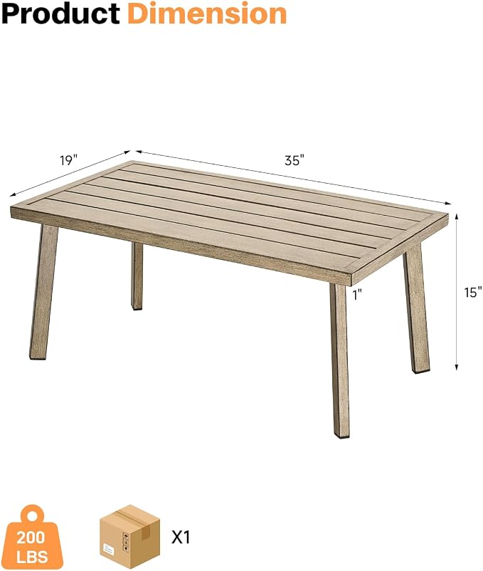 Patio Coffee Table, Never-Rust Aluminum Outdoor Coffee Table with Wood Grain Texture, Modern Rectangle Garden Coffee Table with Slatted Tabletop for Poolside, Decks, Indoor, Balcony, Gray Oak