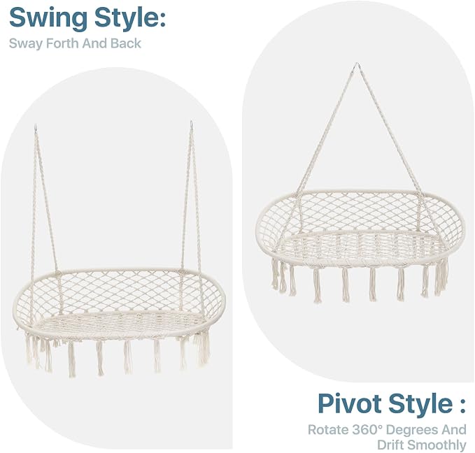 Double Hammock Chair for Indoor & Outdoor Use, Durable Woven Cotton Ropes & Iron Frame, Comfortable Seating for Patio Garden and Porch, 700 lbs Capacity, White
