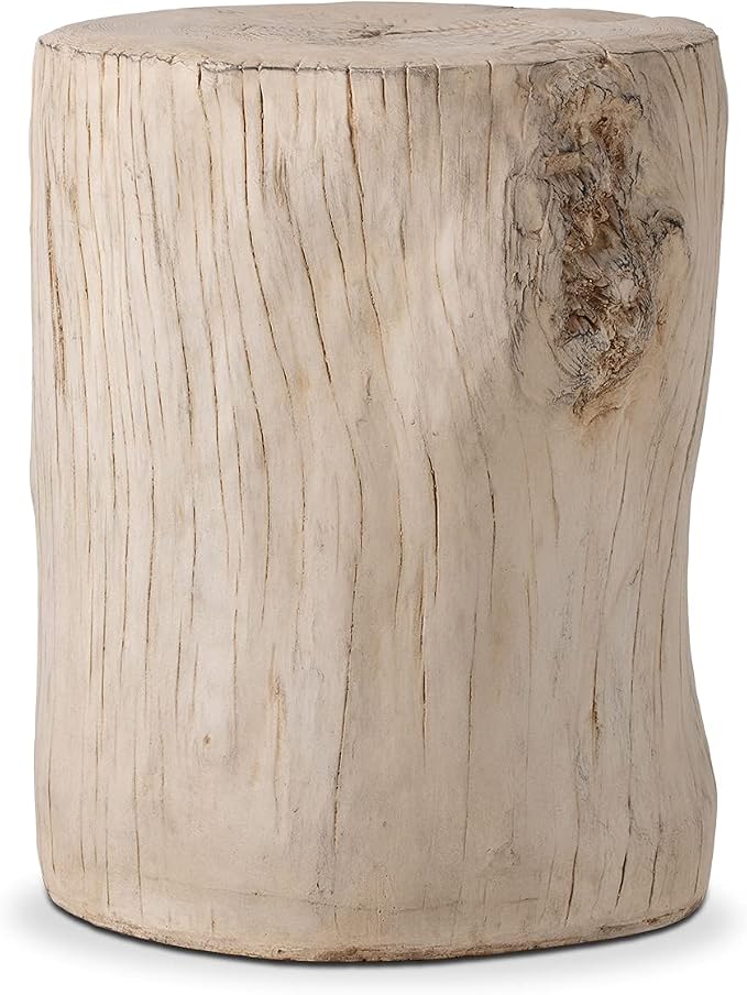 COSIEST Outdoor Antique Cream Side Table Faux Wood, Hand-Painted Wood Stump Stool, Ottomans, Plant Stand, Deck or Garden