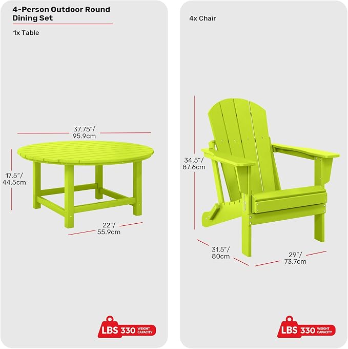 Costaelm Patio Conversation Set, 5 piece Balcony Furniture, Small Patio Firepit Furniture Outdoor Adirondack Round Coffee Table and Chair for Backyard Lawn Porch Pool Garden, Lime