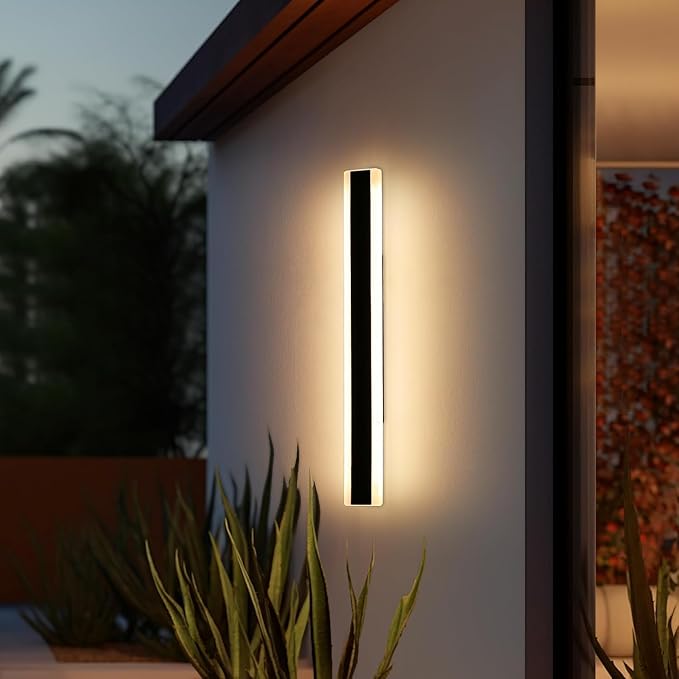 Modern Long Wall Sconces, 31.4inch Patio Wall Lights, 3000K Warm White Light, Black Minimalist Style, White Frosted Acrylic Panel, IP65 Waterproof Outdoor Wall Light Fixture for House, Garage, Garden